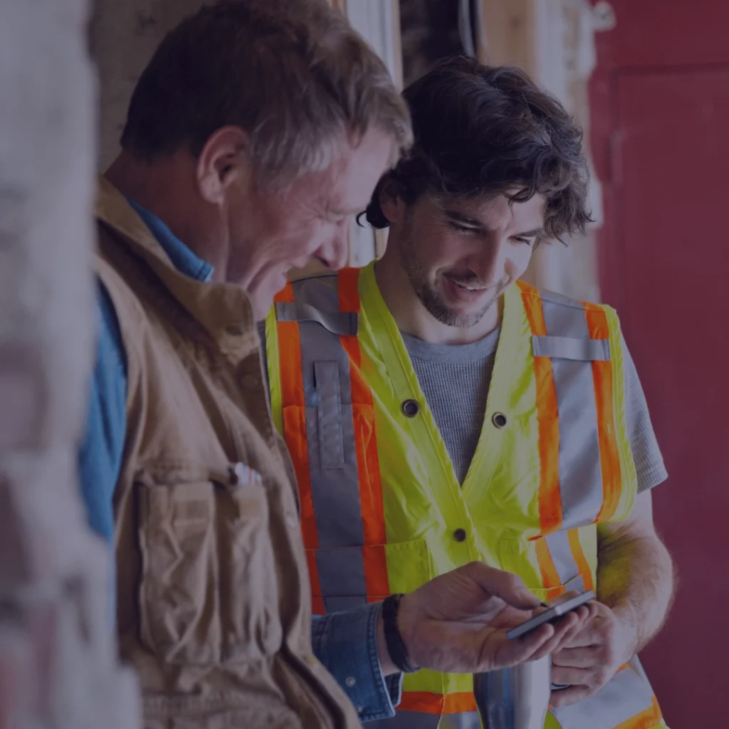 Zwei Männer auf einer Baustelle, die gemeinsam auf ein Smartphone schauen und lachen.